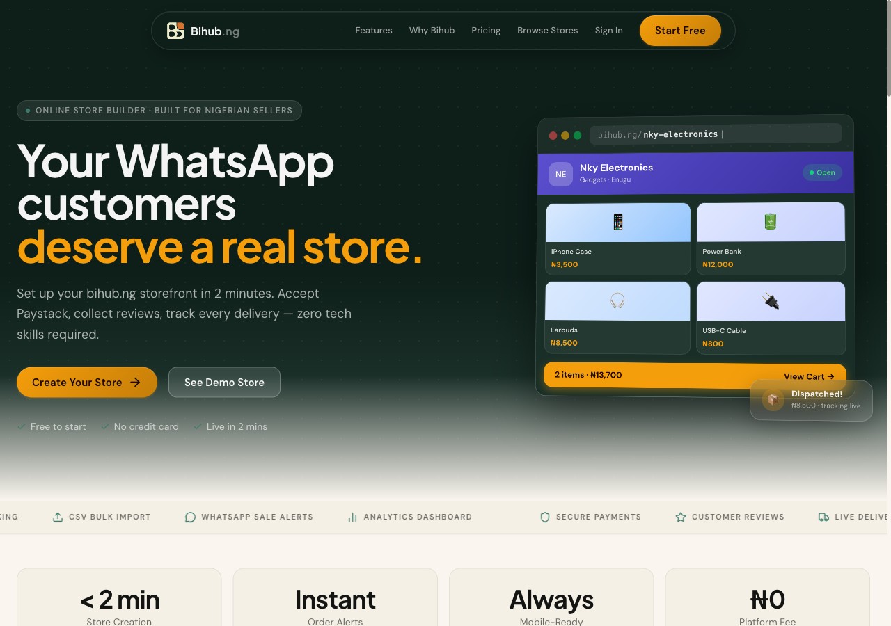 Bihub.ng homepage — an online store builder for Nigerian sellers