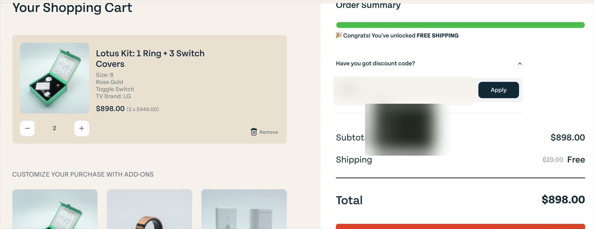 Shopify cart with an accessible discount code toggle