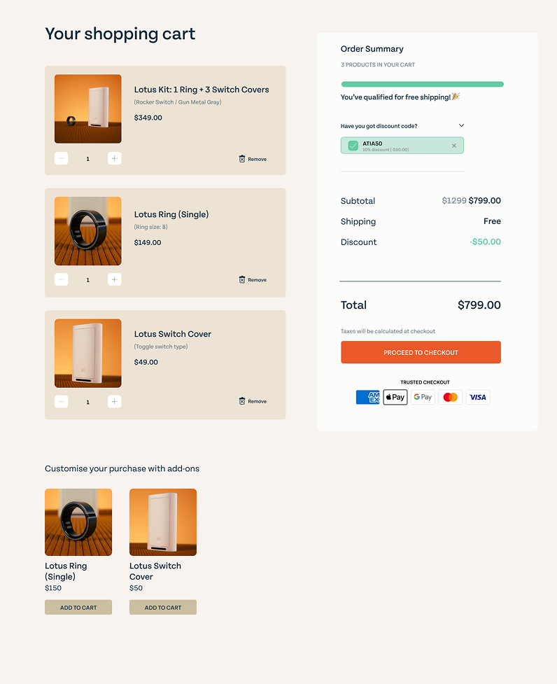 Redesigned accessible shopping cart interface